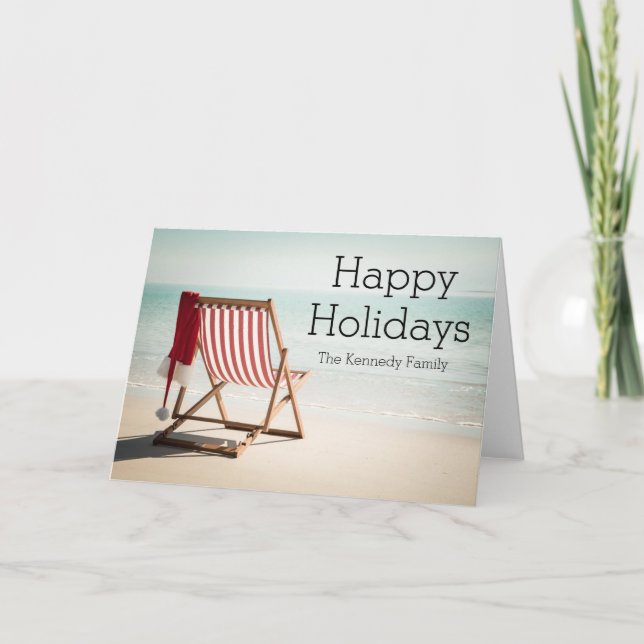 Beach chair with santa hat holiday card (Front)
