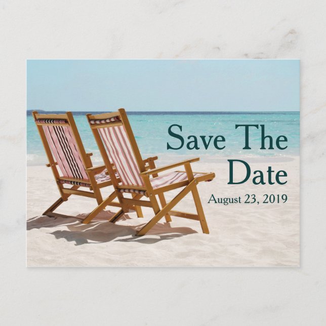 Beach Chairs Destination Wedding Save the Date Announcement Postcard (Front)