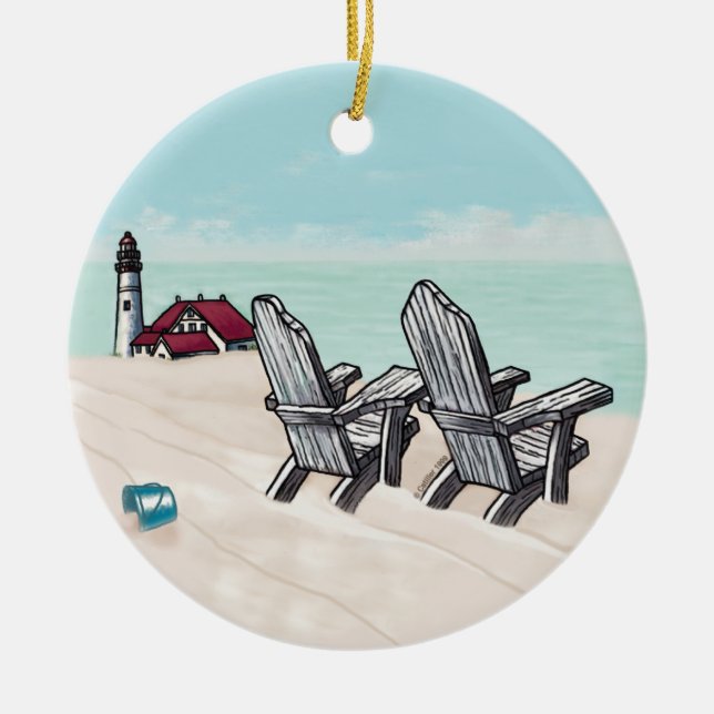 Beach Chairs lighthouse Ceramic Ornament (Front)