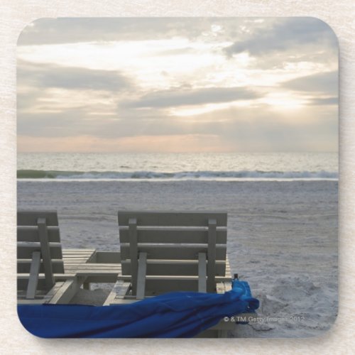 Beach chairs on St Petes beach at sunset Beverage Coaster
