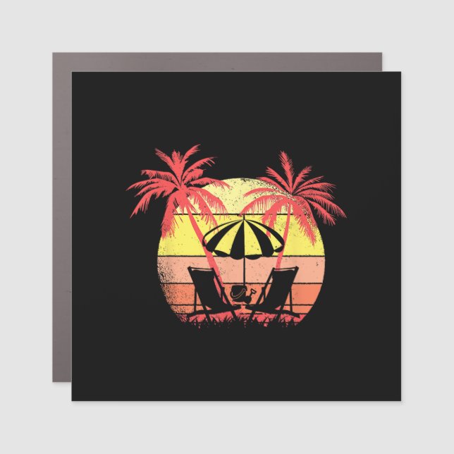 Beach Chairs Parasol Summer Sunset 80s Palm Tree Car Magnet (Front)