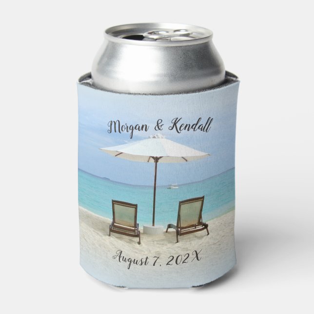 Beach Chairs Personalized Wedding Can Cooler (Can Front)