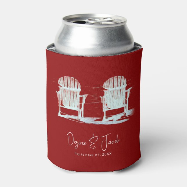 Beach Chairs Red White Rustic Wedding Can Cooler (Can Front)