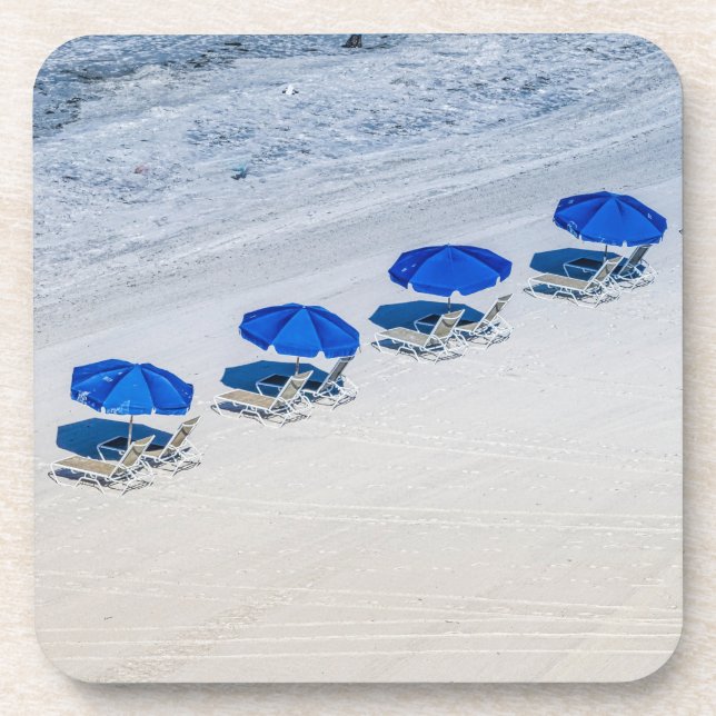 Beach Chairs with Blue Umbrella on Madeira Beach Beverage Coaster (Front)