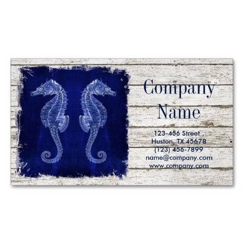 beach chic drift wood nautical blue seahorse magnetic business card