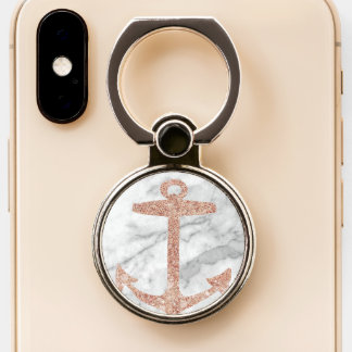 beach chic rose gold anchor white marble phone ring stand