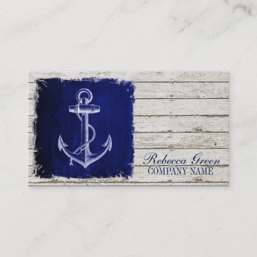 beach chic wood nautical navy blue anchor business card