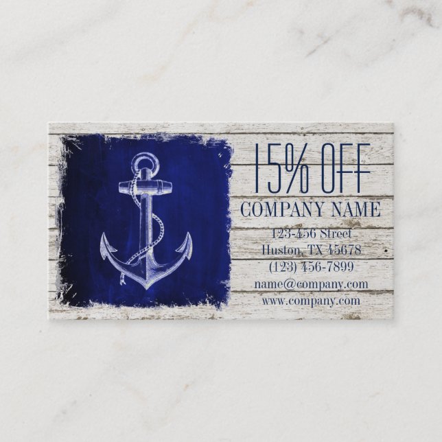 beach chic wood nautical navy blue anchor discount card (Front)