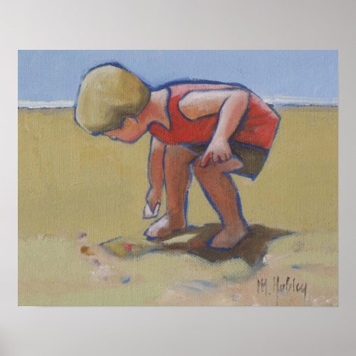 Beach child boy findng shell in the sand poster