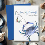 Beach Christmas Card Blue Watercolor Crab<br><div class="desc">Send a splash of cheer this season with these beach Christmas cards, perfect for a coastal Christmas or a fun Christmas in July celebration! Featuring a simple and cute design, this card showcases my original watercolor illustration of a festive blue crab with the phrase "Seas and Greetings" in stylish brush...</div>