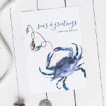 Beach Christmas Card Blue Watercolor Crab<br><div class="desc">This simple holiday card features a replica of my original hand painted watercolor blue crab on a crisp white background. The words Seas and Greetings are set in a modern brush script typography. Personalize however you like. The coastal style Christmas card reverses to a solid blue color. A cute choice...</div>