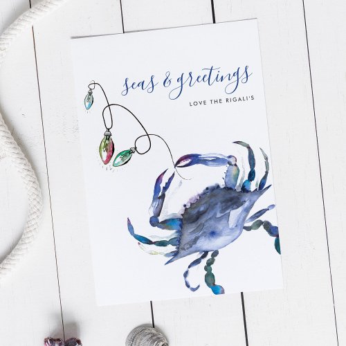 Beach Christmas Card Blue Watercolor Crab