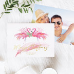 Beach Christmas Card Pink Flamingo<br><div class="desc">Do Tell A Belle's photo beach Christmas card is perfect to send to friends and family this season. It features a top boarder of my original watercolor flamingo in shades of pink with a green bow tie. The word's "Merry Christmas" and your personal greeting are set in letter pressed gold...</div>
