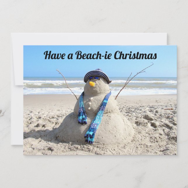 Beach Christmas Card-Sand Sculpture Snowman - flat Holiday Card (Front)