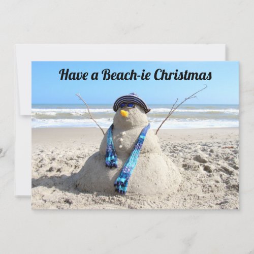 Beach Christmas Card_Sand Sculpture Snowman _ flat Holiday Card