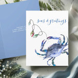 Beach Christmas Cards Blue Watercolor Crab<br><div class="desc">Celebrate Christmas 2025 with a coastal twist using our charming "Seas and Greetings" beach Christmas cards! Featuring a stunning replica of my original hand-painted watercolor blue crab adorned with Christmas lights in shades of red, green, blue, and turquoise, this card brings the festive spirit of the ocean to your holiday...</div>