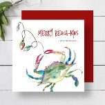 Beach Christmas Cards Watercolor Blue Crab<br><div class="desc">These beach Christmas cards features a unique watercolor blue crab with holiday lights. The words "Merry Beach-mas" are set in fun script typography. Use the template fields to add your personalized greeting. Order printable Christmas cards, small orders or bulk Christmas cards for business. To see more holiday designs visit www.zazzle.com/dotellabelle...</div>