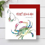 Beach Christmas Cards Watercolor Blue Crab<br><div class="desc">Celebrate the season with these beach Christmas cards featuring a festive watercolor blue crab wrapped in colorful holiday lights. The cheerful message "Merry Beach-mas" is displayed in playful script typography, making these cute Xmas cards a fun and coastal twist on traditional holiday cards. Customize your greeting card for Christmas using...</div>