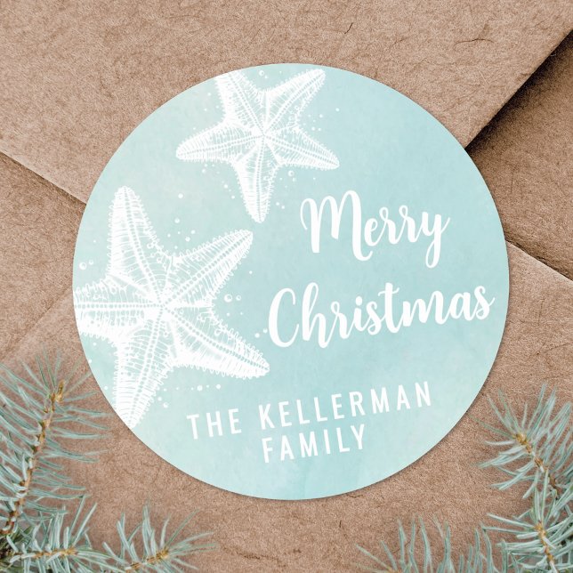 Beach Christmas Classic Round Sticker (Starfish Beach Christmas Classic Round Sticker)