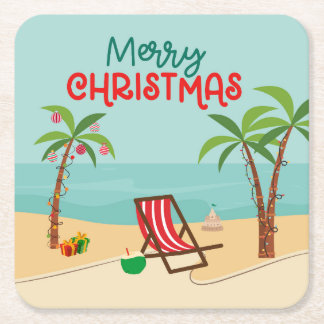 Beach Christmas Festive Square Paper Coaster