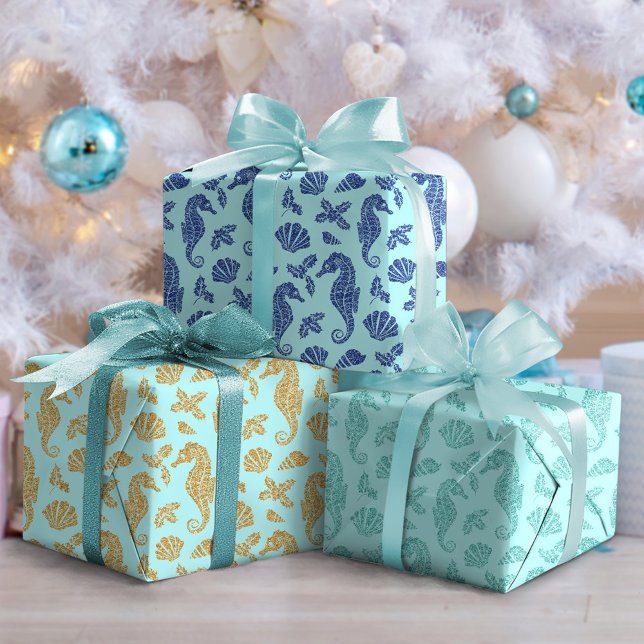 Beach Christmas Glitter Seahorse Pattern Aqua Blue Wrapping Paper Sheets (Creator Uploaded)