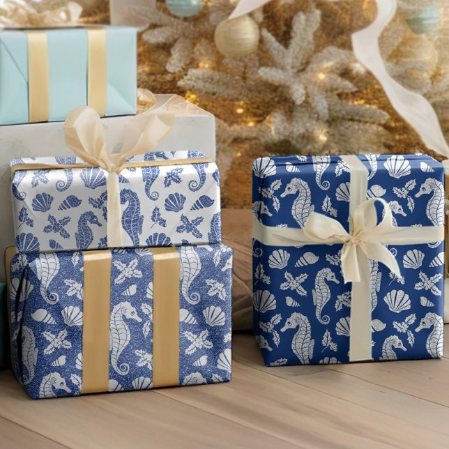 Beach Christmas Glitter Seahorses Navy Blue Wrapping Paper Sheets (Creator Uploaded)