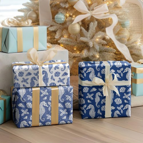 Beach Christmas Glitter Seahorses Navy Blue Wrapping Paper Sheets