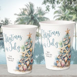 Beach Christmas In July Paper Cups<br><div class="desc">Celebrate the season with these festive and beachy paper cups, perfect for a Christmas in July gathering. The design features a whimsical Christmas tree made of beach shells, starfish, and coral, displayed on both the front and back of the cup to bring coastal charm from every angle. The soft teal...</div>