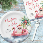 Beach Christmas In July Paper Plates<br><div class="desc">Celebrate the season with this festive and playful paper plate design, perfect for a sunny Christmas in July gathering. It features a laid-back Santa Claus in sunglasses relaxing in a pink flamingo floaty, surrounded by ocean waves and tropical touches—bringing a fun, beachy vibe to your celebration. "Christmas In July" is...</div>