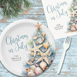 Beach Christmas In July Paper Plates<br><div class="desc">Celebrate the season with this festive and beachy paper plate, perfect for a Christmas in July celebration. The design features a whimsical Christmas tree made of beach shells, starfish, and coral on the right side, adding a fun coastal vibe to your table setup. The palette includes shades of teal blue...</div>