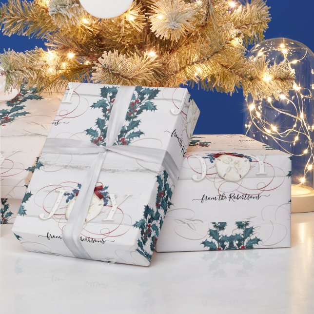 Beach Christmas Joy Holly Sand Dollar Driftwood Wrapping Paper (Holidays)
