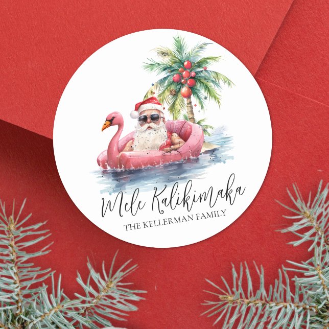 Beach Christmas Mele Kalikimaka Classic Round Sticker (Santa Tropical Beach Mele Kalikimaka Christmas Classic Round Sticker )