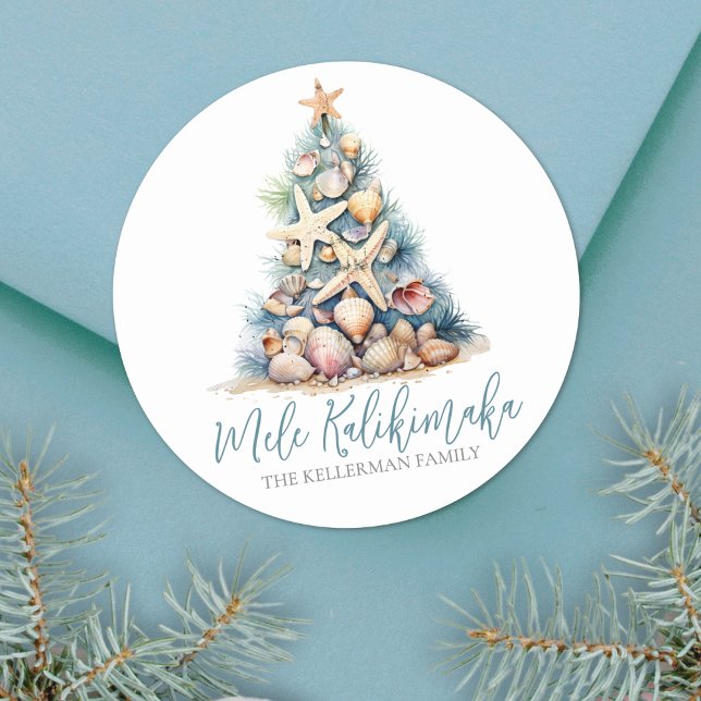 Beach Christmas Mele Kalikimaka Classic Round Sticker (Christmas Tree Beach Mele Kalikimaka Classic Round Sticker )