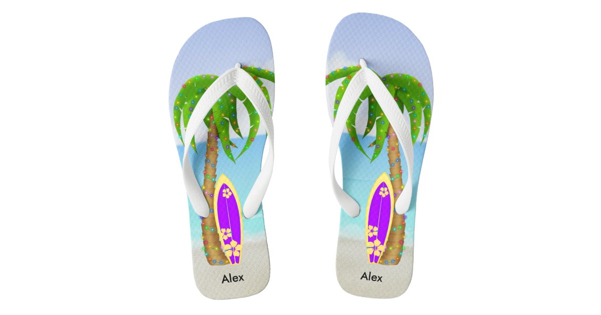 Beach Christmas Palm Tree Surfboard Flip Flops | Zazzle