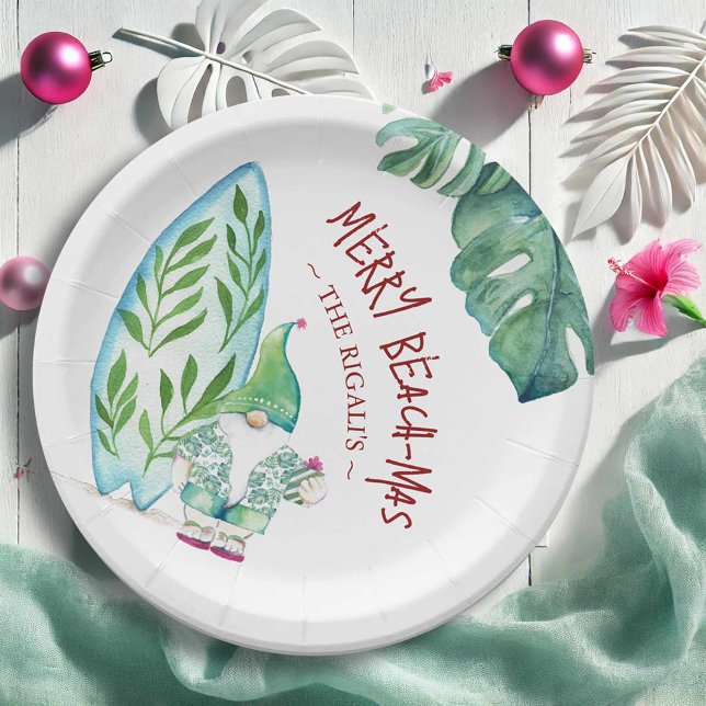 Beach Christmas Paper Plates Cute Tropical Santa (Beach Christmas paper plates feature a watercolor Santa on the beach with a surfboard. )