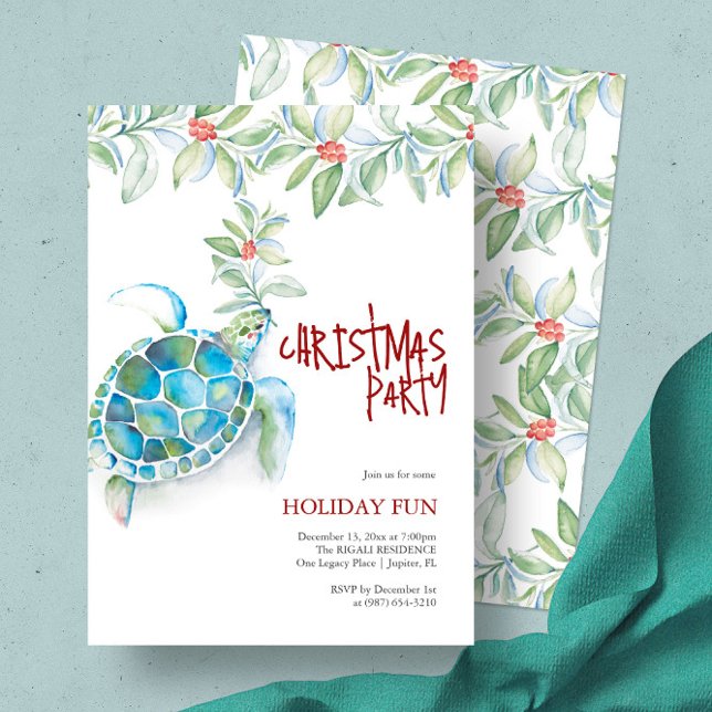 Beach Christmas Party Invitations (Beach Christmas invitation watercolor sea turtle art by Victoria Grigaliunas of Do Tell A Belle)