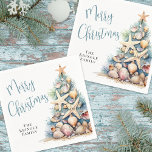 Beach Christmas Party Napkins<br><div class="desc">Celebrate the season with this festive and beachy party napkin, perfect for a Christmas Party. The design features a whimsical Christmas tree made of beach shells, starfish, and coral on the right side, adding a fun coastal touch to your table setup. The overall color palette includes shades of teal blue...</div>