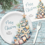 Beach Christmas Party Paper Plates<br><div class="desc">Celebrate the season with this festive and beachy paper plate, perfect for a Merry Christmas celebration. The design features a whimsical Christmas tree made of beach shells, starfish, and coral on the right side, adding a fun coastal vibe to your table setup. The palette includes shades of teal blue and...</div>