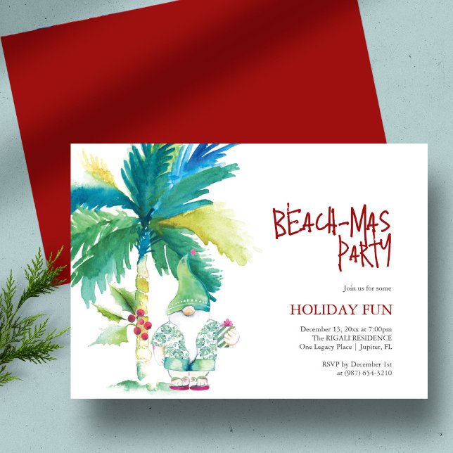 Beach Christmas Party Watercolor Palm Tree Santa Invitation (A Beach-mas party invitation for Unique Christmas traditions watercolor art by Victoria Grigaliunas)