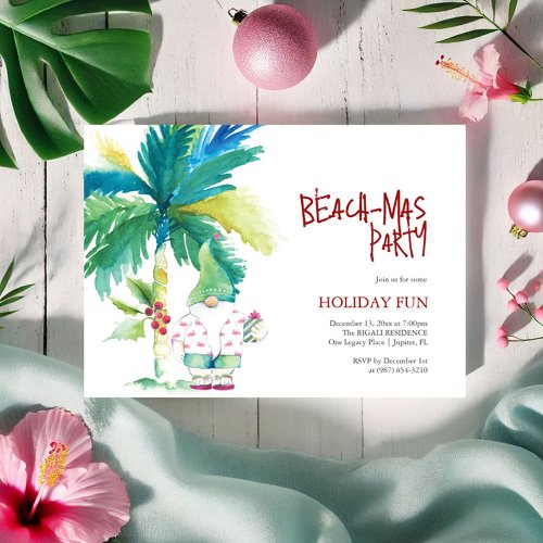 Beach Christmas Party Watercolor Palm Tree Santa Invitation