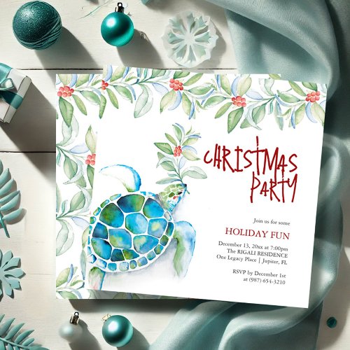 Beach Christmas Party Watercolor Sea Turtle Invitation