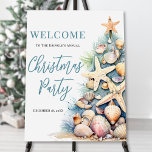 Beach Christmas Party Welcome Sign<br><div class="desc">Welcome guests to your holiday gathering with this festive and beachy Christmas party welcome sign. The design features a large Christmas tree on the right made of beach shells, starfish, and coral, bringing a fun coastal touch to your celebration. The tree's soft green, tan, and coral-red details pair perfectly with...</div>