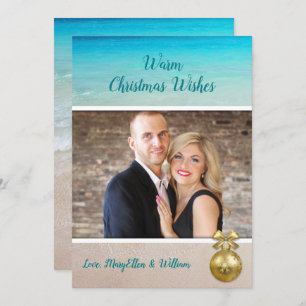 Beach Christmas Photo Template Gold Ornament Card