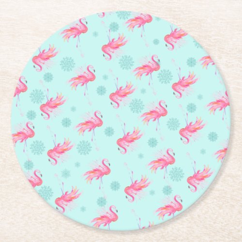 Beach Christmas Pink Flamingo Round Paper Coaster
