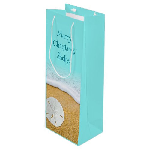 Beach Christmas Sand Dollar Aqua Blue Tall Wine Gift Bag