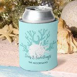 Beach Christmas Sand Dollar Starfish Aqua Blue  Can Cooler<br><div class="desc">This personalized Beach themed Christmas can cooler features aqua blue glitter coral,  white sand dollar and starfish,  and the holiday message “Seas & Greetings”,  on a light aqua blue background.</div>