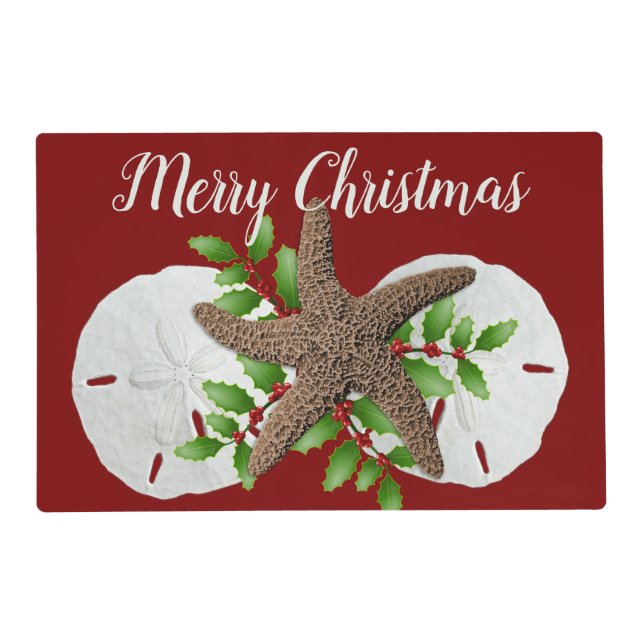 Beach Christmas Sand Dollars Starfish Laminated Placemat (Front)