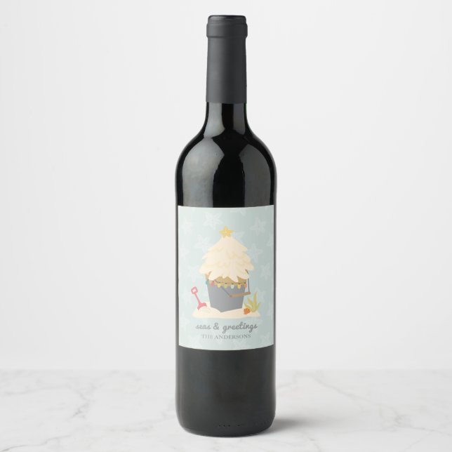 Beach Christmas Sand Pail Wine Label (Front)