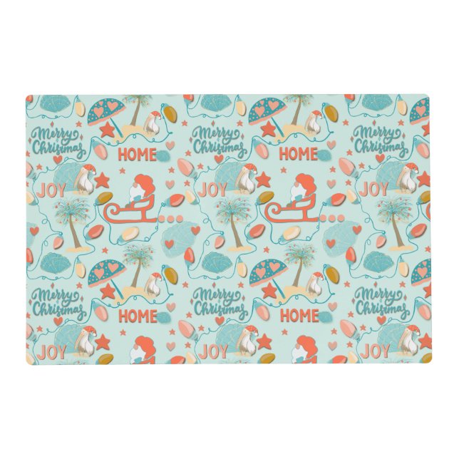 Beach Christmas, Santa, palm trees, pelicans Placemat (Front)