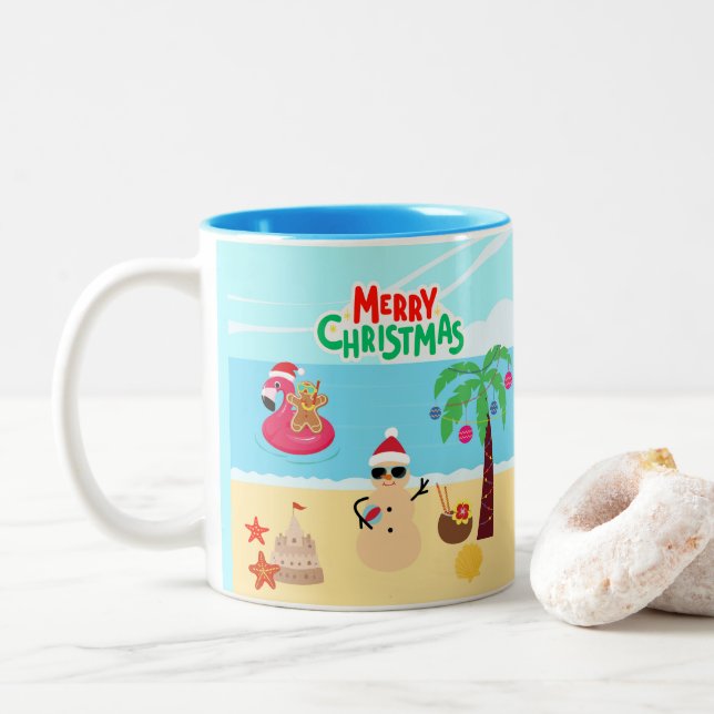 Beach Christmas Scene Two-Tone Coffee Mug (With Donut)